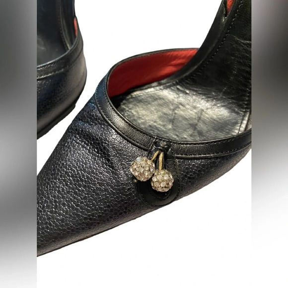 Judith Leiber Black Leather Crystal Ball Embellishments Sling Back Heels - Picture 3 of 10